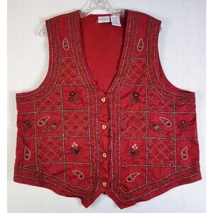 Bobbie Brooks Vest 18W/20W 38/40 Women's Brick Red Paisley Floral Embroidery